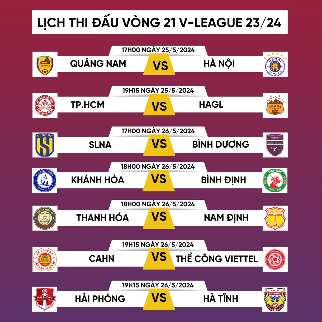 Lịch thi đấu vòng 21 V-League 2023/2024.