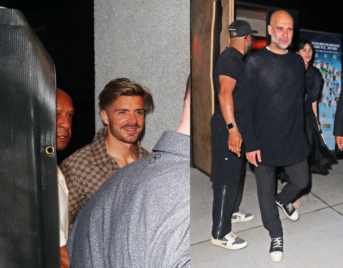 Jack Grealish là "ông trùm" bữa tiệc của Man City trong khi HLV Pep Guardiola cũng tới chung vui với các học trò. (Ảnh: Mirror)