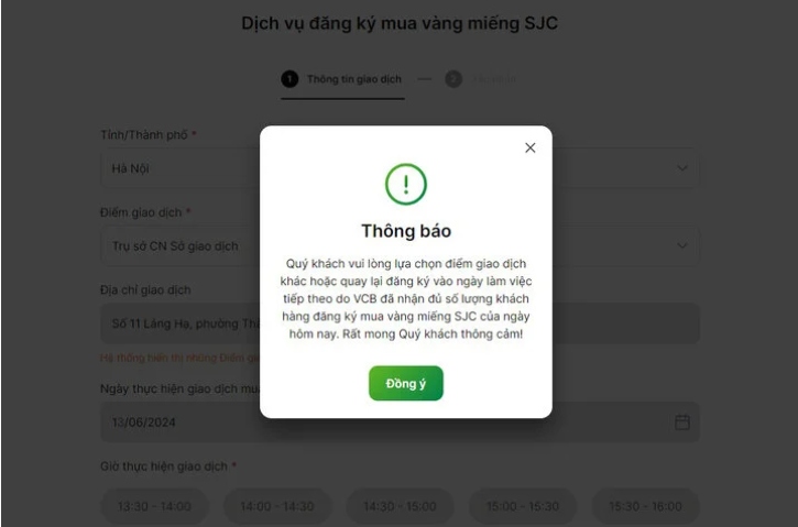 Ngân hàng thông báo hết vàng, nhiều người dân gặp khó khi đăng ký mua vàng online. (Ảnh chụp màn hình)