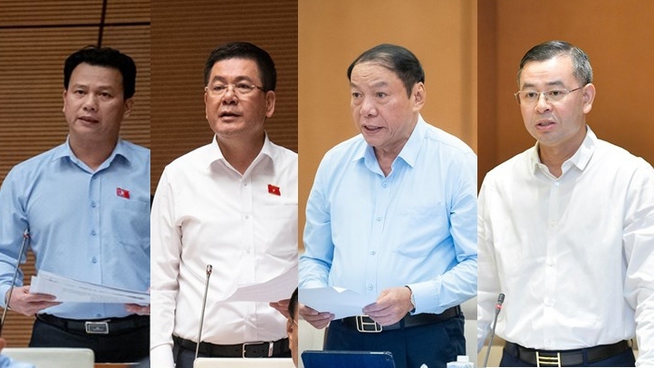 Từ trái qua phải: Bộ trưởng Đặng Quốc Khánh, Nguyễn Hồng Diên, Nguyễn Văn Hùng và Tổng Kiểm toán Ngô Văn Tuấn sẽ trả lời chất vấn