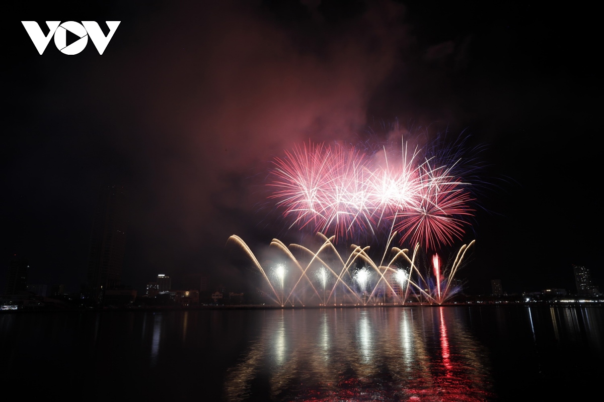 . Fireworks go off into the night sky, creating shapes like birds spreading their wings and flying high.