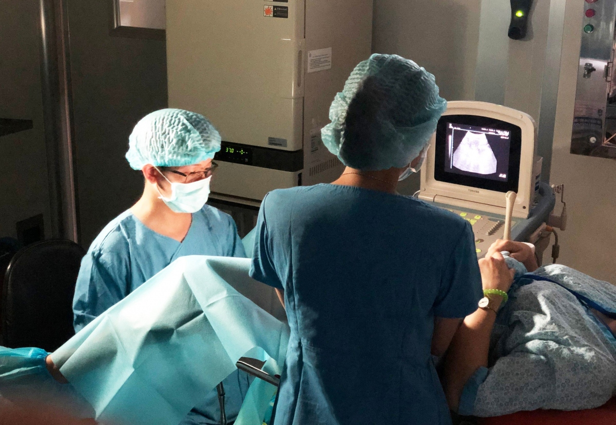 Ảnh: BS Hồ Ngọc Anh Vũ thực hiện thủ thuật chuyển phôi cho bệnh nhân
