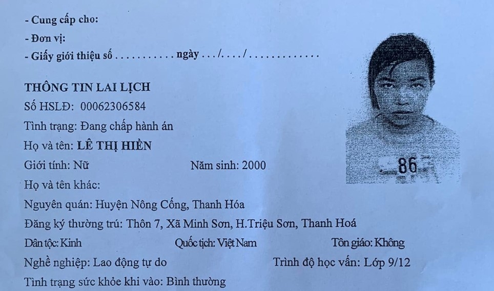 Thông tin về nữ phạm nhân Lê Thị Hiền.