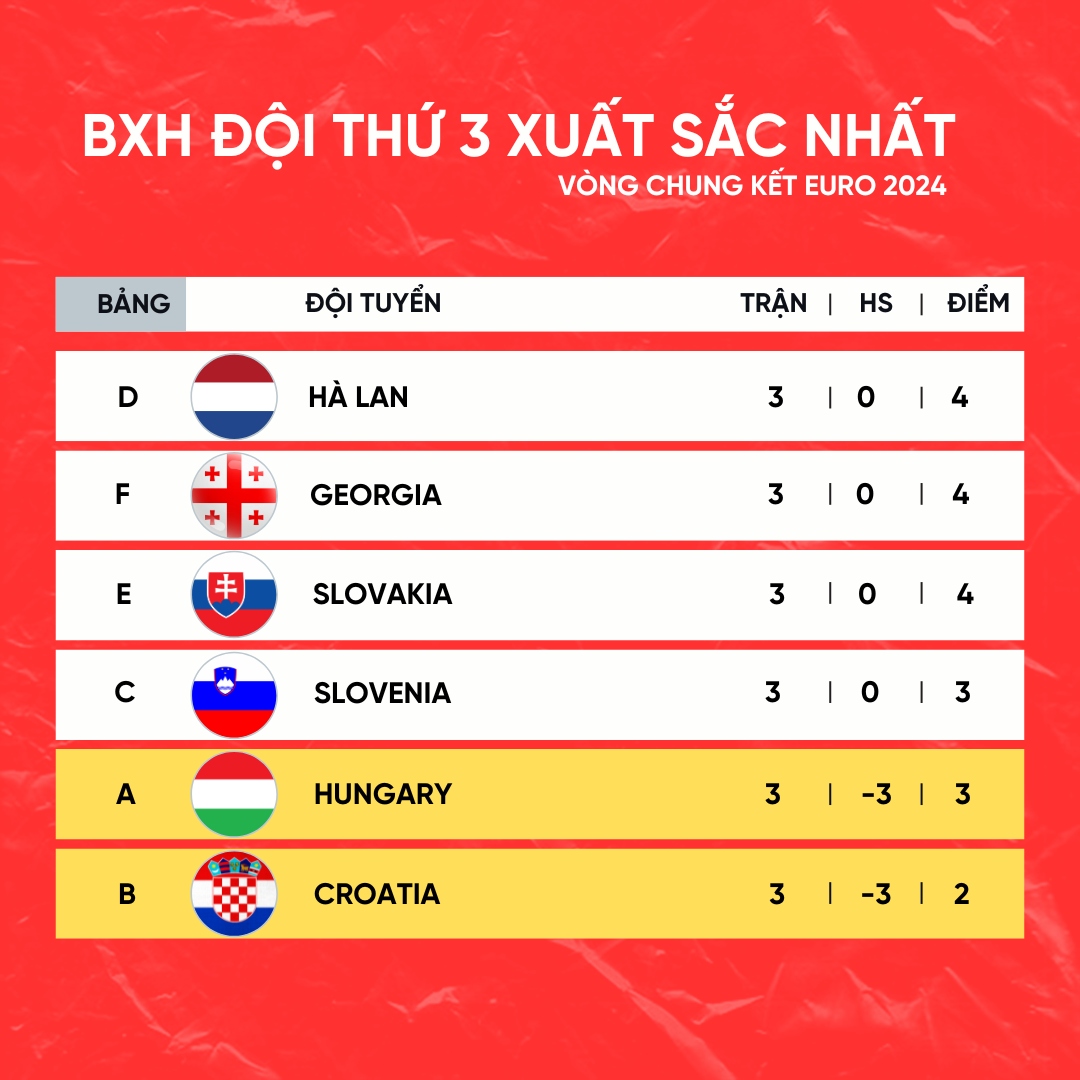 Ban tổ chức đã xác định được 4 đội bóng giành vé vào vòng 1/8 gồm Hà Lan, Georgia, Slovakia và Slovenia. Trong số này, Georgia dù là tân binh, nhưng đã chơi xuất sắc để vượt qua được vòng bảng.
