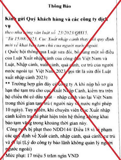 Thông tin lan truyền trên mạng về việc xử phạt người nước ngoài xuất cảnh không khai báo tạm vắng