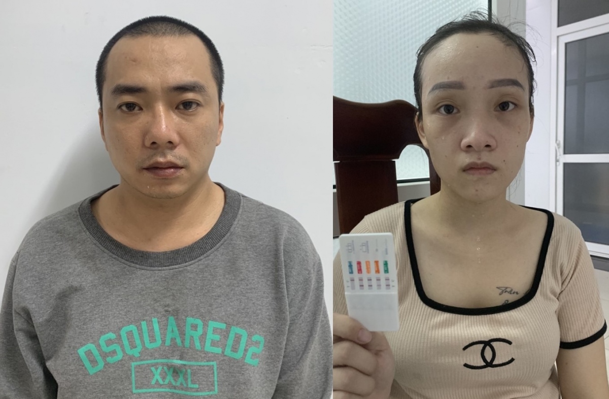 Hai đối tượng Nguyễn Đức Lợi và Nguyễn Thị Phương Linh tại cơ quan Công an.