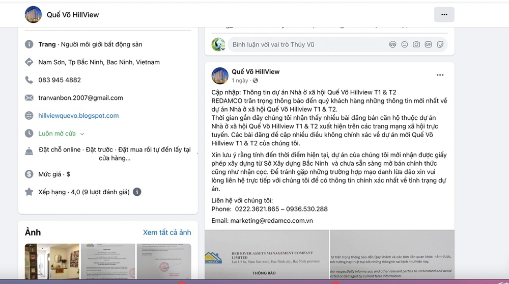 Fanpage của chủ đầu tư với tên gọi “Quế Võ HillView” đăng tải thông báo về dự án chưa được phép mở bán