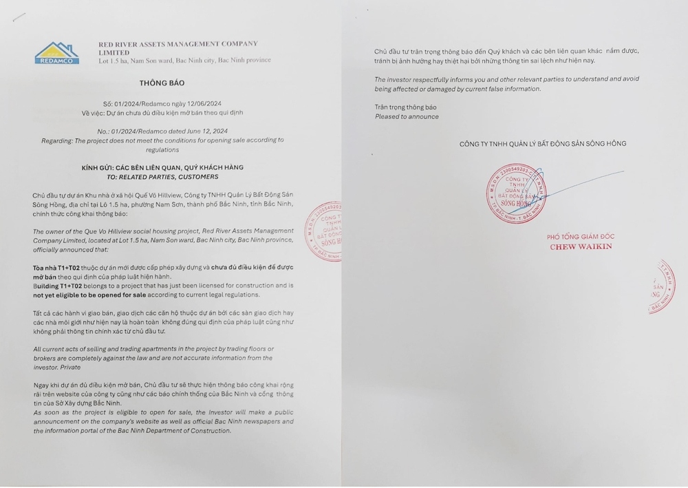 Thông báo của chủ đầu tư về dự án “Quế Võ HillView”