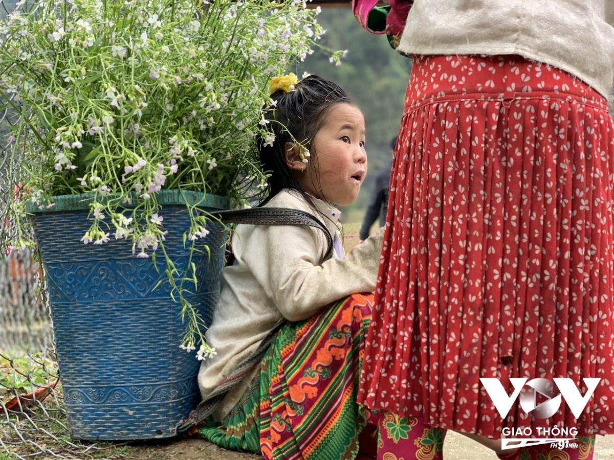 Hằng ngày các em gùi giỏ hoa đứng chờ du khách thuê chụp ảnh, có người cho tiền, có người cho bánh kẹo, đồ ăn...