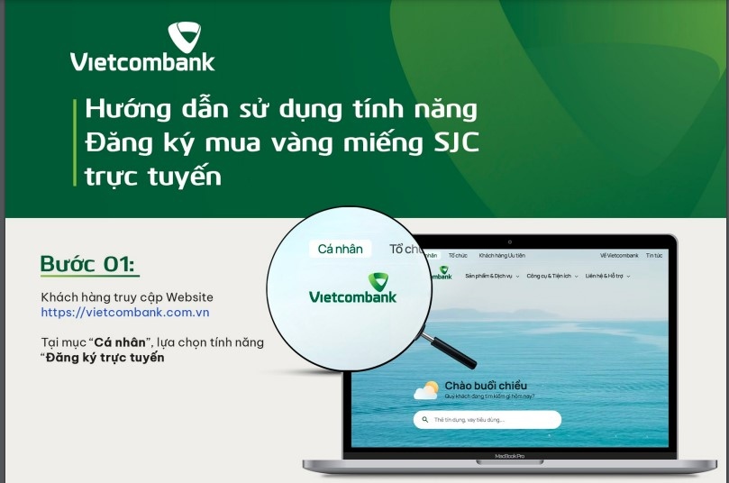 Khách hàng có thể đăng ký mua vàng miếng SJC trực tuyến trên trang web của ngân hàng Vietcombank