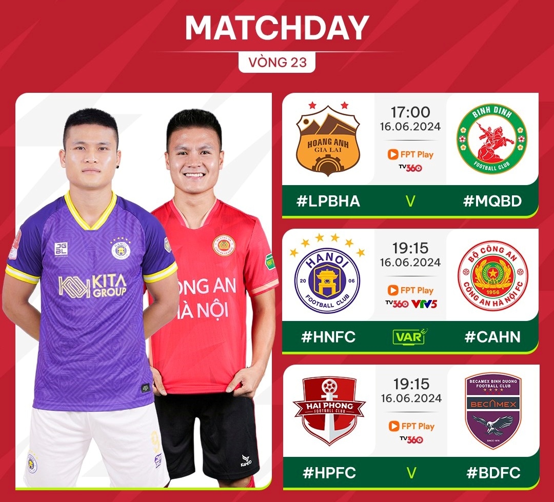 Lịch thi đấu các trận ngày 16/6 của vòng 23 V-League 2023/2024.