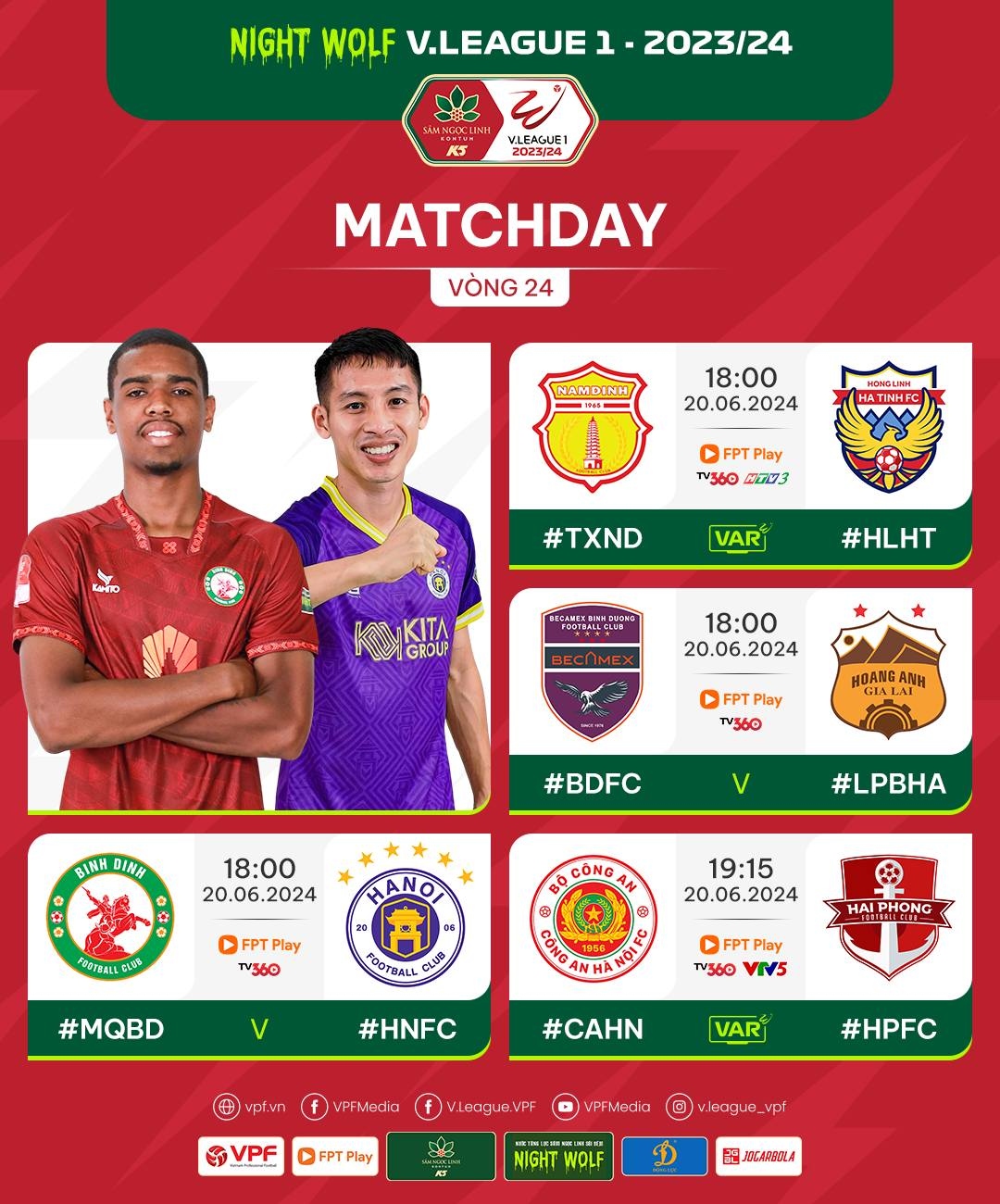 Các trận đấu vòng 24 V-League 2023/2024 diễn ra hôm nay 20/6.