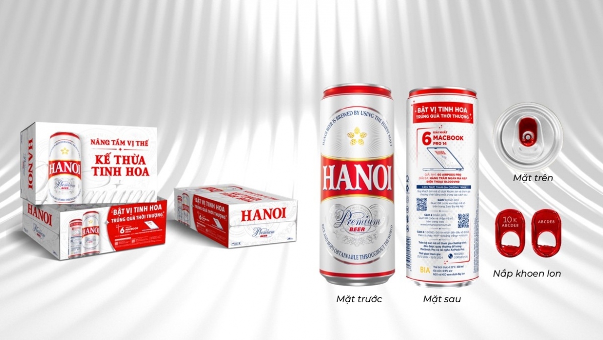 Bao bì Thùng &amp; Lon bia Hanoi Premium có thông tin chương trình khuyến mại (Bao gồm Hình ảnh minh hoạ thùng, mặt trước &amp; mặt sau lon, nắp &amp; khoen lon)