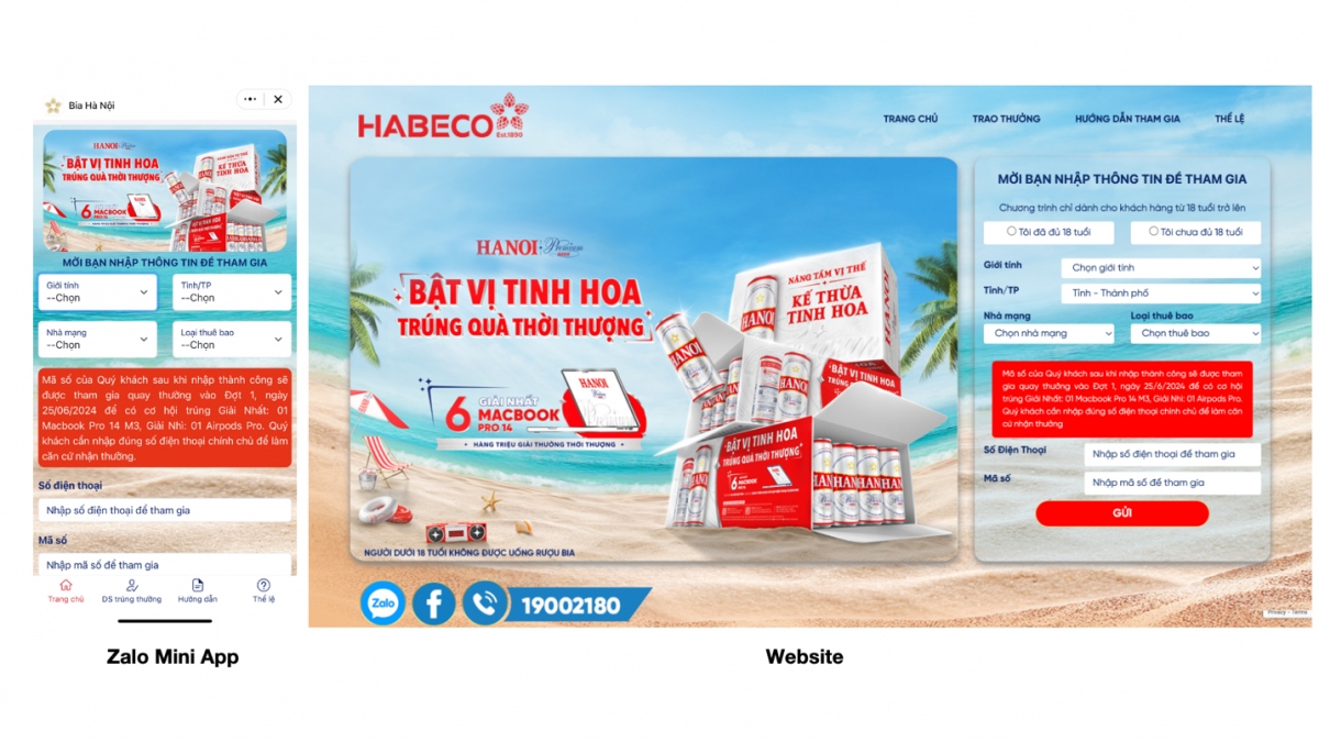 Cách thức tham gia &amp; đổi thưởng Chương trình khuyến mại qua: Zalo Mini App Bia Hà Nội &amp; Website: https://www.kmhanoipremium.vn/