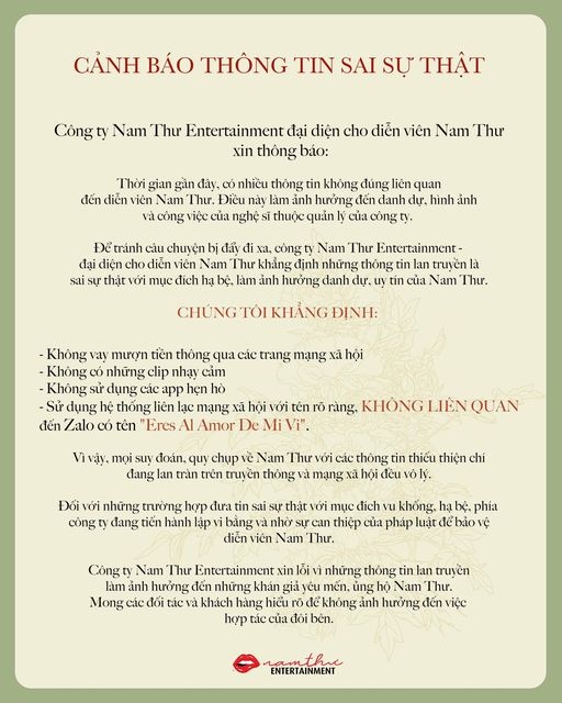 Công ty Nam Thư Entertainment lên tiếng về những thông tin sai sự thật của Nam Thư