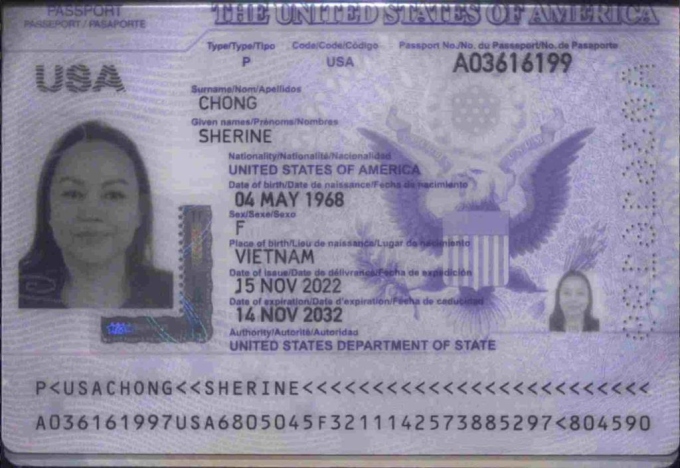 Hộ chiếu Mỹ của Sherine Chong (Ảnh: Cảnh sát Thái Lan cung cấp)