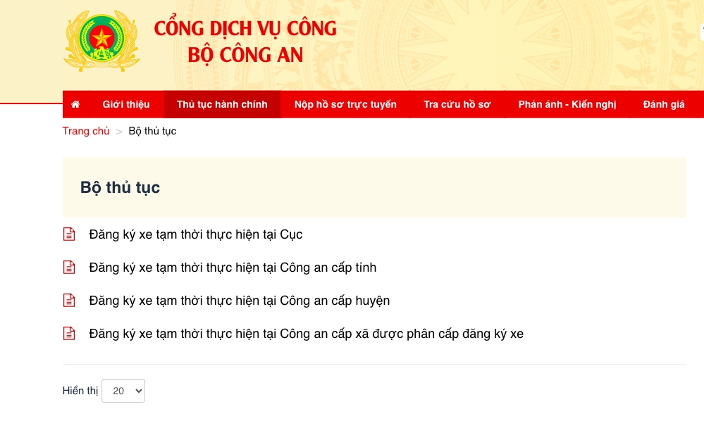 Vào trang cổng dịch vụ công Bộ Công An, chọn mục đăng ký xe tạm