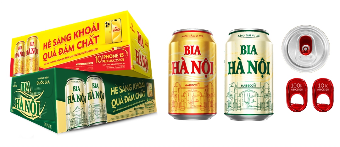 Bao bì thùng và lon Bia Hà Nội có thông tin chương trình khuyến mại