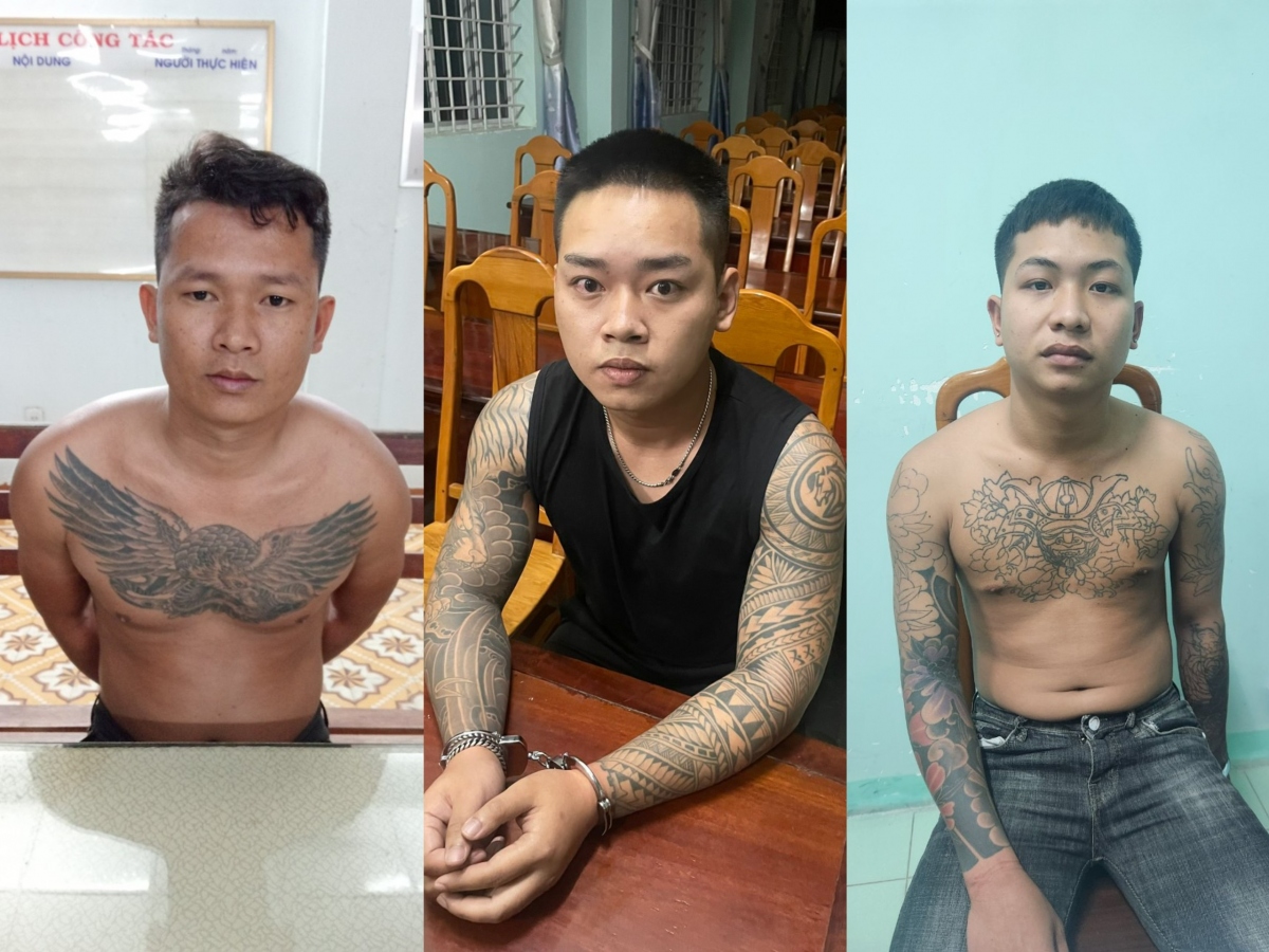 Vỹ, Toàn, Quân (từ trái sang phải) bị bắt giữ.