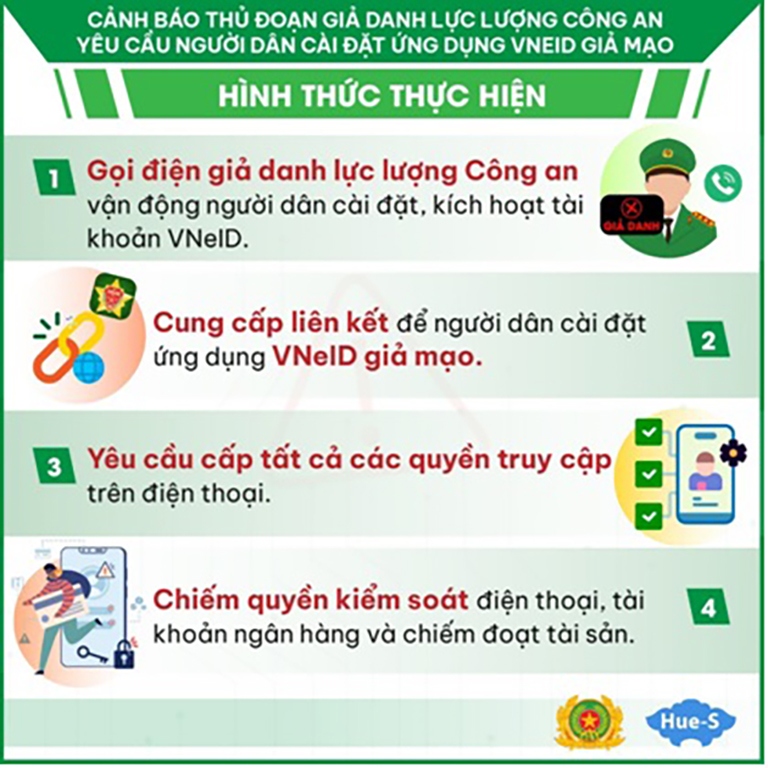 Cảnh báo thủ đoạn giả danh lực lượng Công an yêu cầu người dân cài đặt ứng dụng VneID giả mạo để chiếm đoạt tài sản.