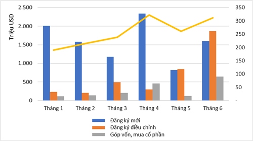 Thu hút FDI 6 tháng đầu năm 2024 theo tháng. (Nguồn: Cục Đầu tư nước ngoài, Bộ Kế hoạch và Đầu tư)
