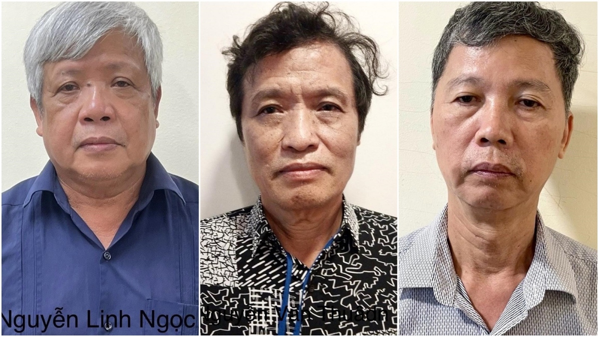 Từ trái qua: Bị can Nguyễn Linh Ngọc, Nguyễn Văn Thuấn, Hoàng Văn Khoa.