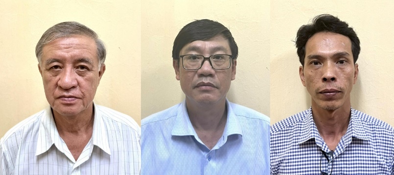 Từ trái qua, các bị can: Nguyễn Ngọc, Lê Quang Vinh, Huỳnh Lương Thiện