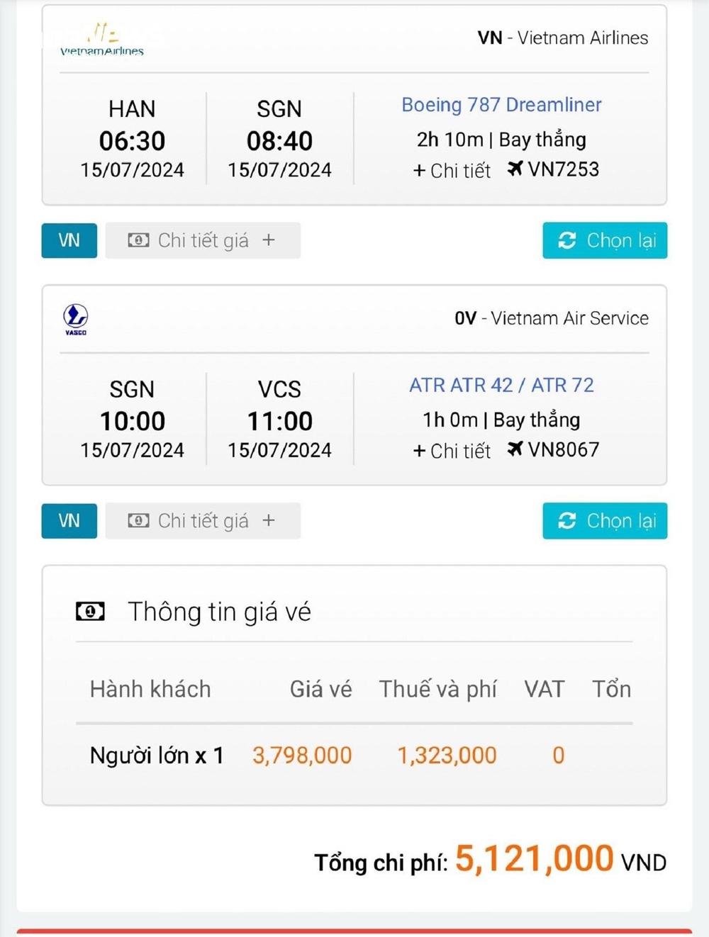 Vé máy bay chặng Hà Nội - Côn Đảo lên đến hơn 5 triệu đồng - Ảnh chụp màn hình