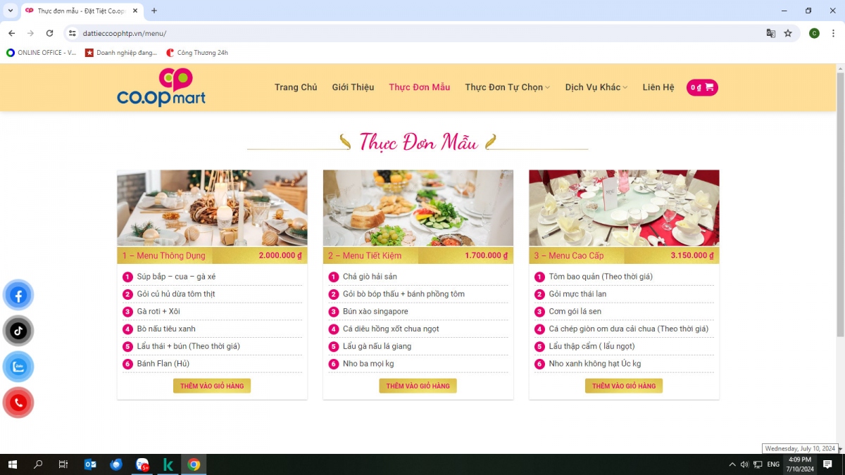 Website của Co.op party với Menu đa dạng, giá tốt