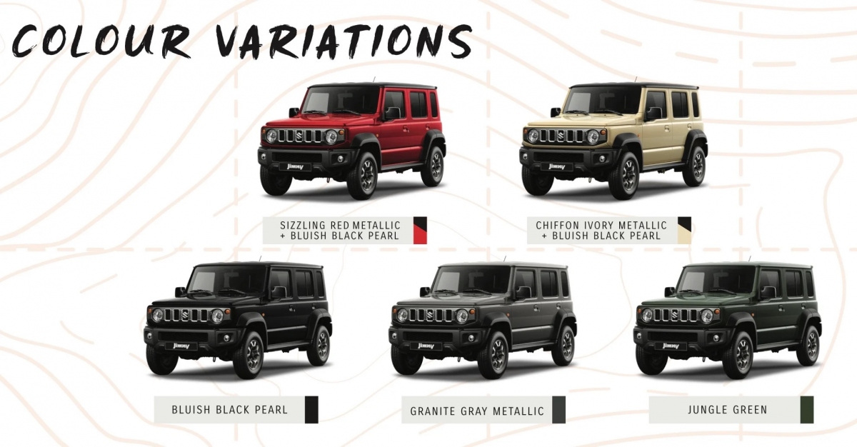 5 tùy chọn màu sắc cho Suzuki Jimny 5 cửa tại Malaysia bao gồm Blueish Black Pearl, Granite Gray Metallic, Chiffon Ivory Metallic, Sizzling Red Metallic và Jungle Green