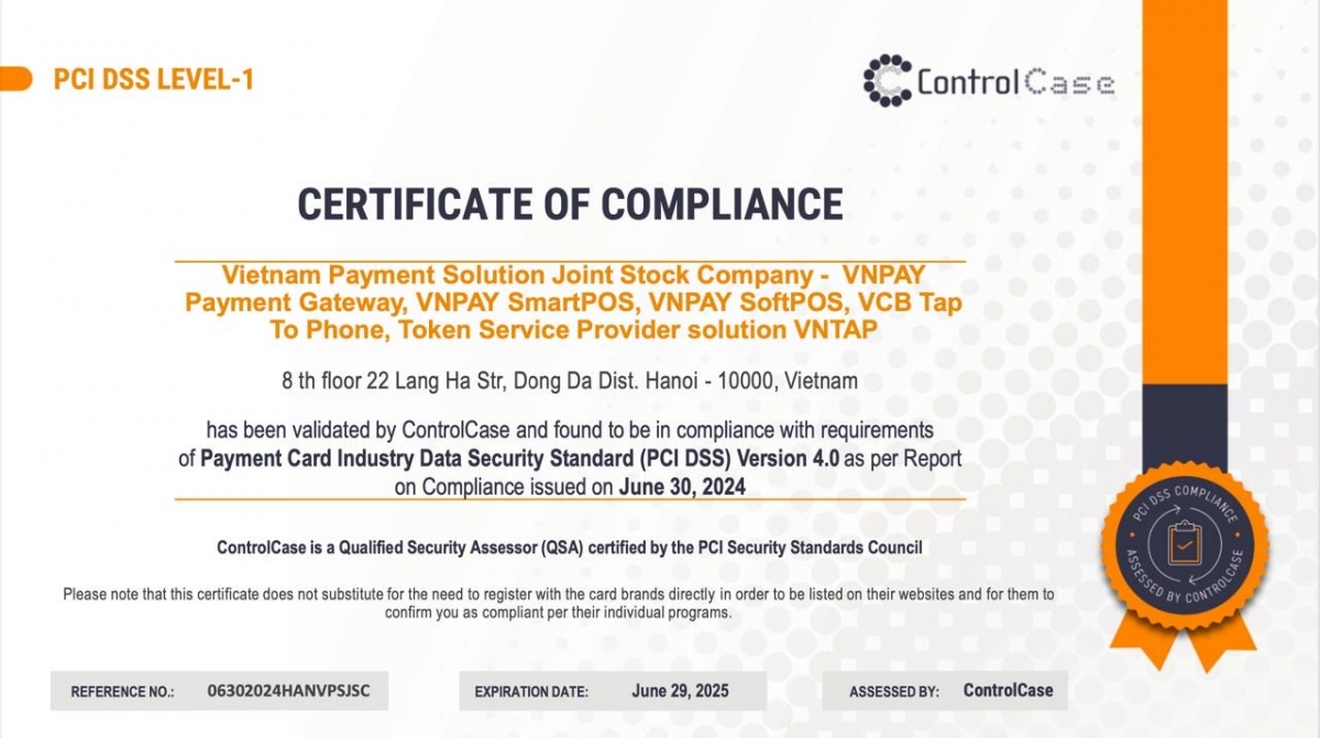 6 dịch vụ của VNPAY nhận chứng chỉ bảo mật PCI DSS cấp cao nhất