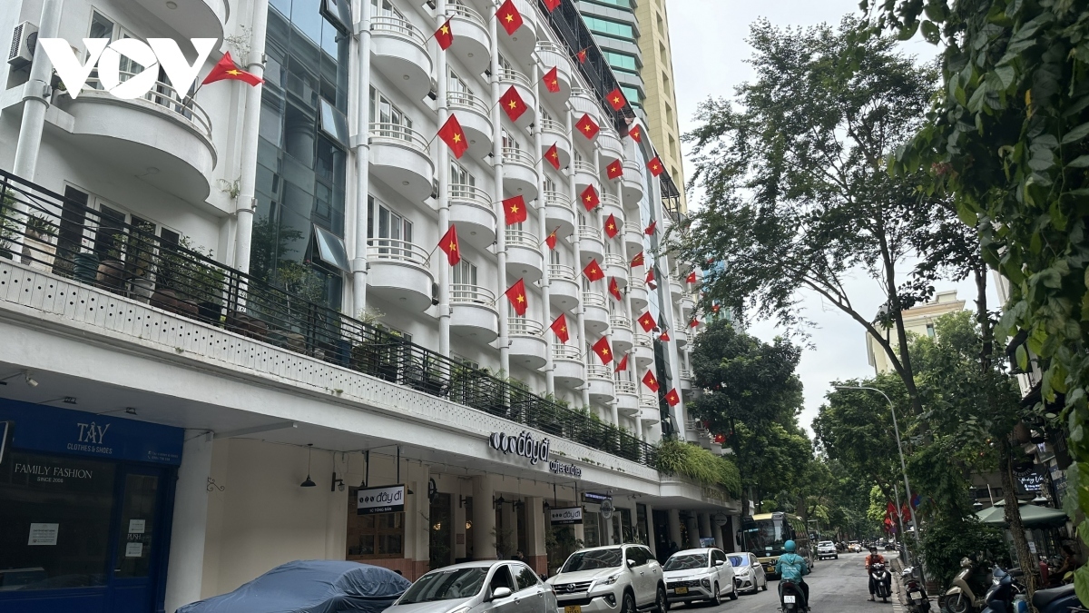 National flags cover a hotel on Tong Dan street.