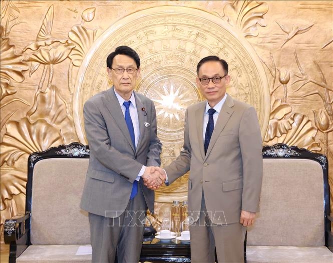 Trưởng Ban Đối ngoại Trung ương Lê Hoài Trung tiếp Trưởng Ban Nghiên cứu chính sách Đảng Dân chủ tự do Nhật Bản Tokai Kisaburo. (Ảnh: Phương Hoa/TTXVN)