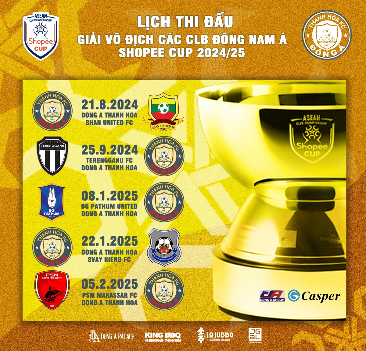 Lịch thi đấu Cúp C1 Đông Nam Á của CLB Thanh Hóa.