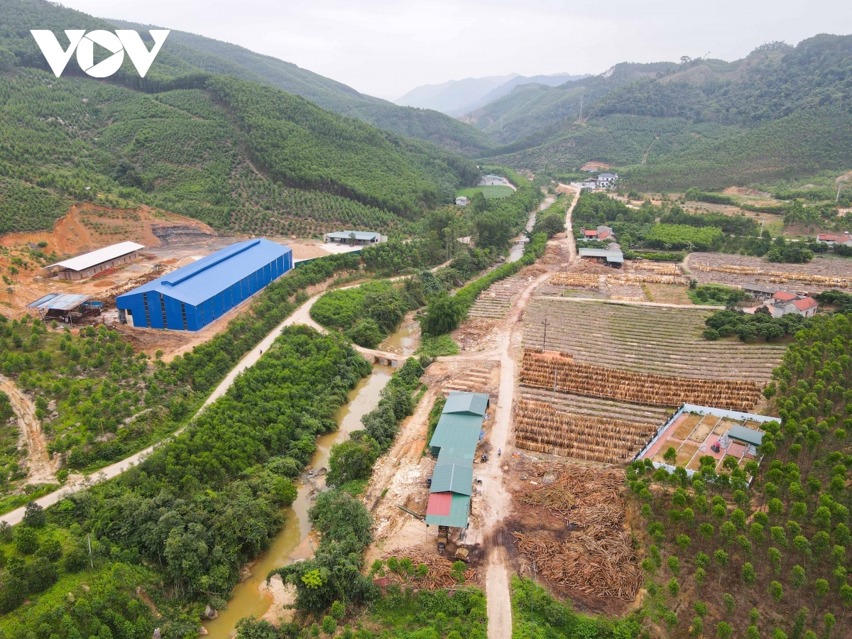 Toàn cảnh khu vực nhà xưởng chế biến gỗ xây dựng trái phép giữa rừng Sơn Động, trên địa bàn xã Tuấn Đạo