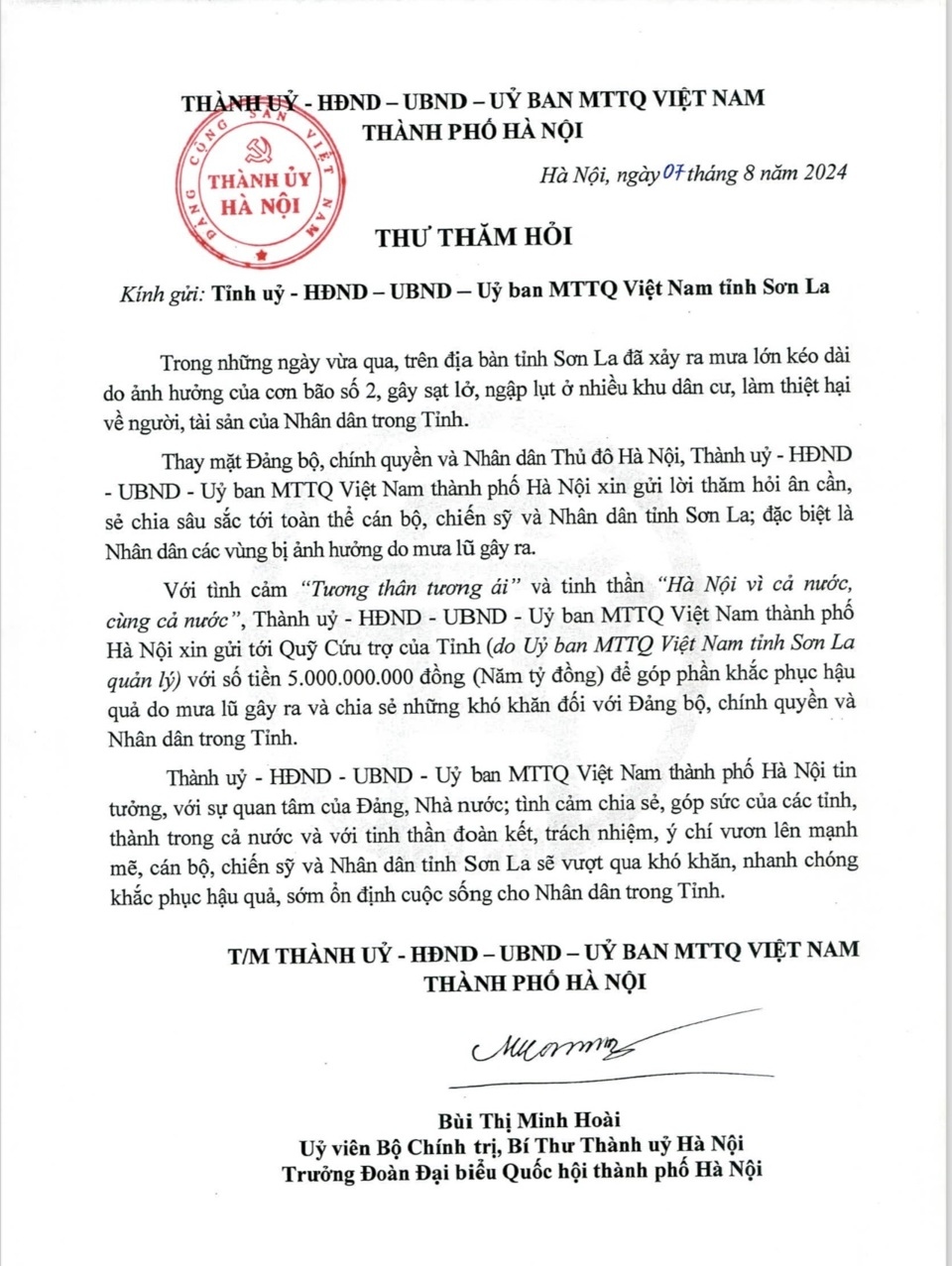 Thư thăm hỏi Thành ủy - HĐND - UBND - Ủy ban MTTQ Việt Nam TP Hà Nội gửi tỉnh Sơn La.