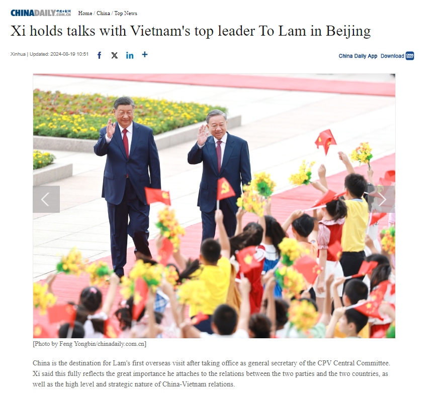 Tin hội đàm giữa hai Tổng Bí thư, Chủ tịch nước trên tờ Chinadaily
