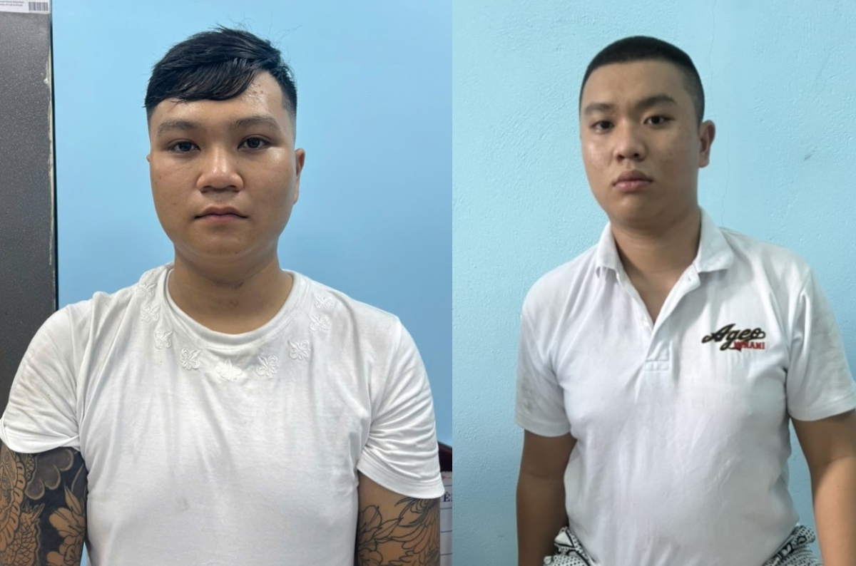 Hai đối tượng Triều (phải) và Thịnh bị tạm giữ để điều tra