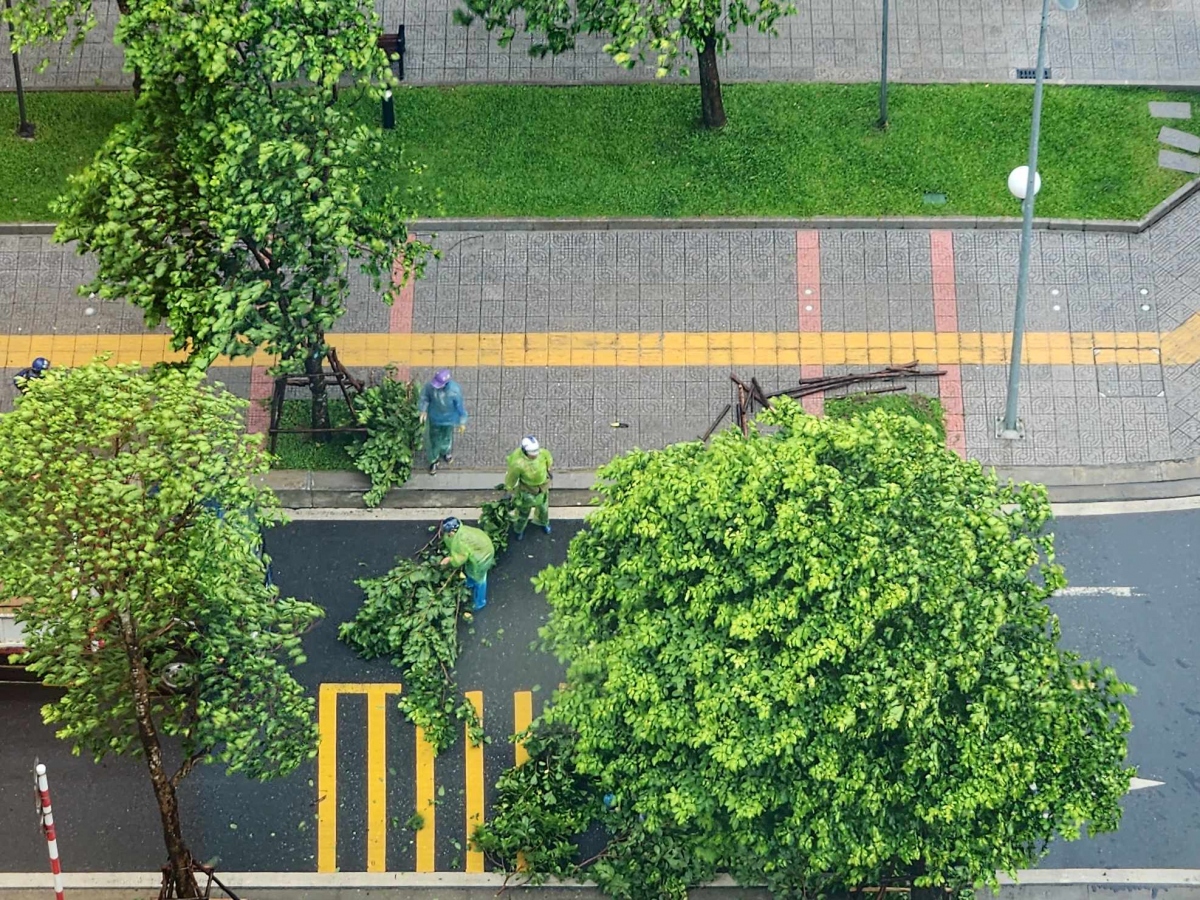 Nhân viên môi trường khẩn trương thu gom xử lý cây xanh bị đổ gãy đảm bảo an toàn cho người đi đường. (Ảnh: Hà Phương)