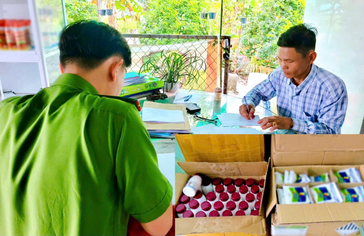 Đối tượng Trần Quốc Huẩn và số thuốc bảo vệ thực vật giả bị lực lượng chức năng bắt quả tang. (Ảnh: Trọng Nguyễn)