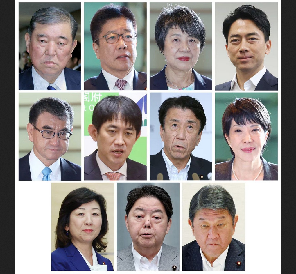 Các ứng cử viên (từ trái sang phải, từ trên xuống dưới) ông Ishiba, ông Kato, bà Kamikawa, ông Koizumi, ông Kono, ông Kobayasshi, ông Saito bà Takaichi, bà Noda, ông Hayashi, ông Motegi (ảnh JIJI Press)