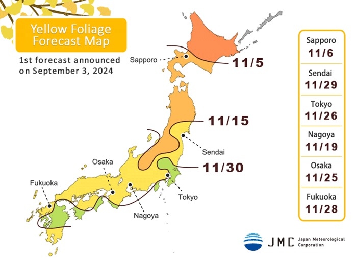 Dự báo thời điểm lá cây chuyển màu vàng tại Nhật Bản năm 2024. Nguồn: Japan Meteorological Corp.