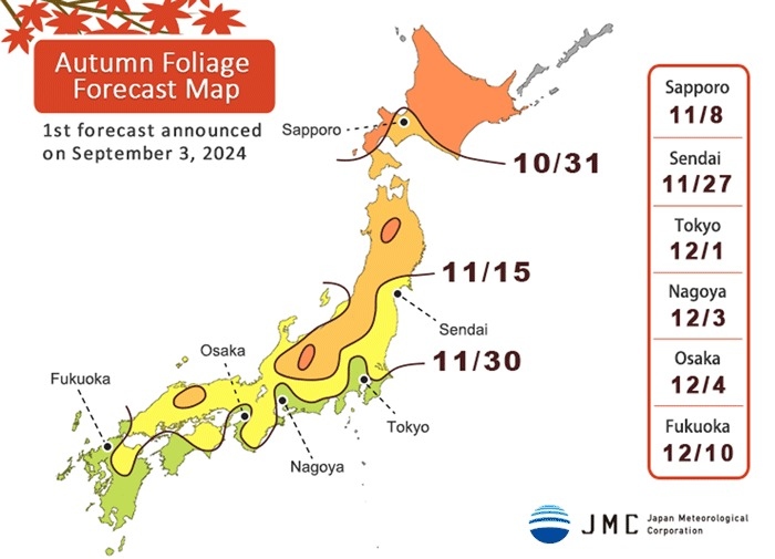 Dự báo thời điểm lá cây chuyển màu đỏ tại Nhật Bản năm 2024. Nguồn: Japan Meteorological Corp.
