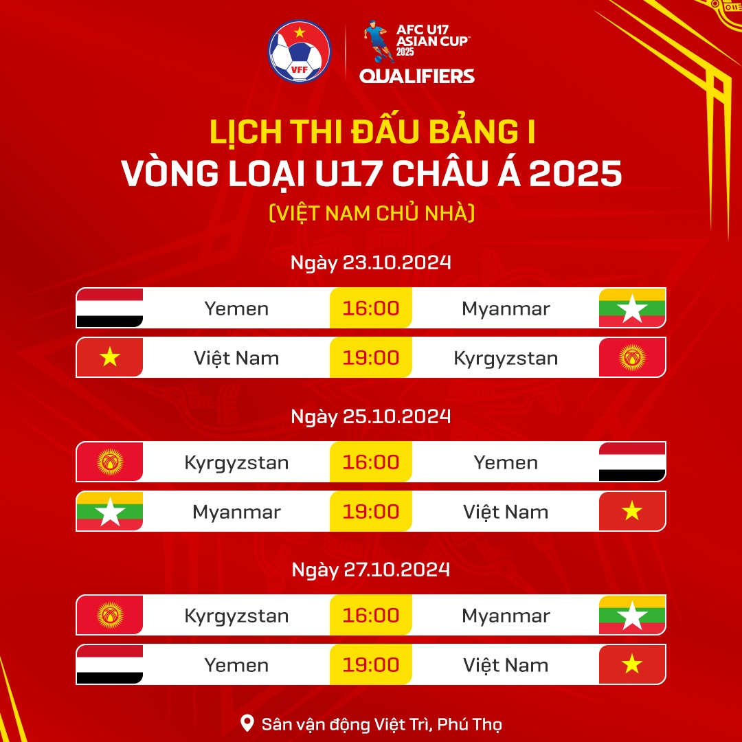 Lịch thi đấu và trực tiếp U17 Việt Nam tại vòng loại U17 châu Á 2025.