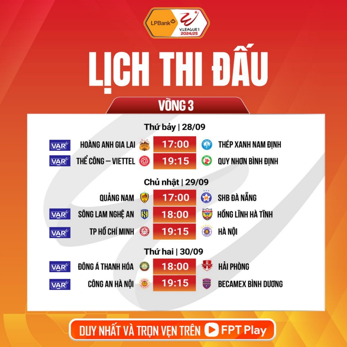 Lịch thi đấu và áp dụng VAR vòng 3 V-League 2024/2025.