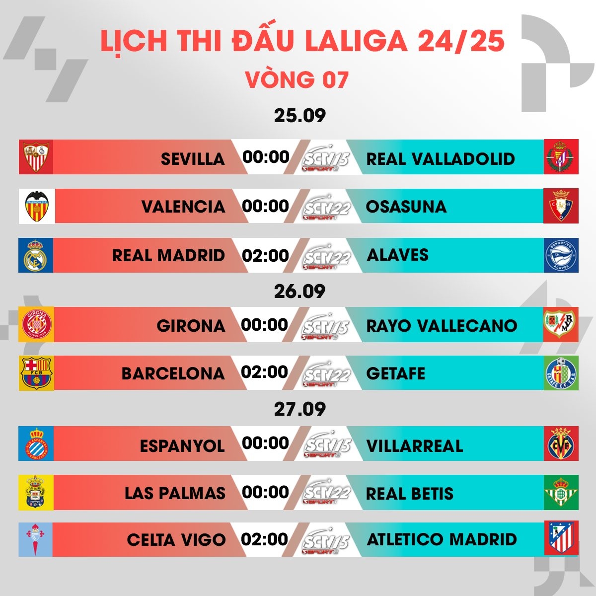 Lịch thi đấu và trực tiếp vòng 7 La Liga 2024/2025: Real Madrid đại chiến Atletico Madrid.