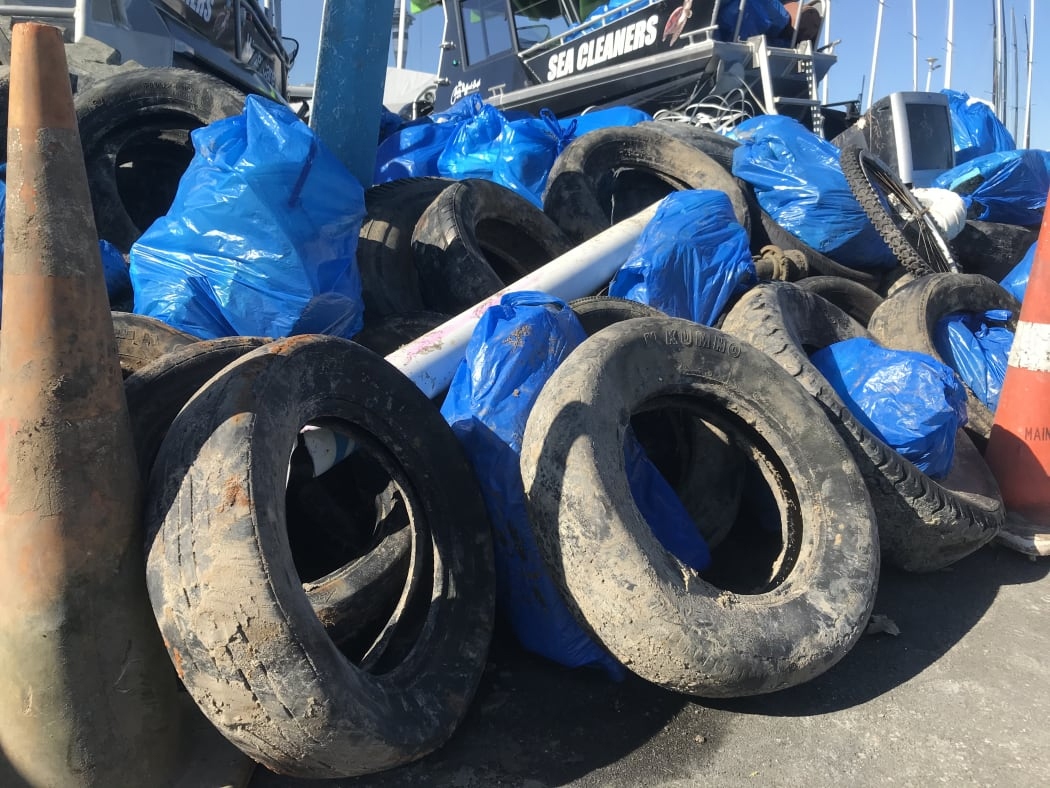 Lốp xe cũ được vứt bừa bãi tại bãi cảng Waitermata ở New Zealand. Nguồn: Nikki Mandow