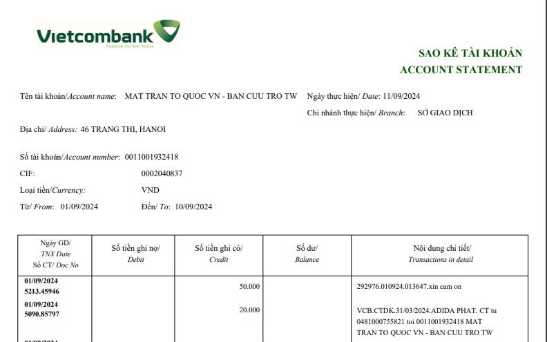 Hình ảnh sao kê công khai của Ủy ban Trung ương Mặt trận Tổ quốc Việt Nam