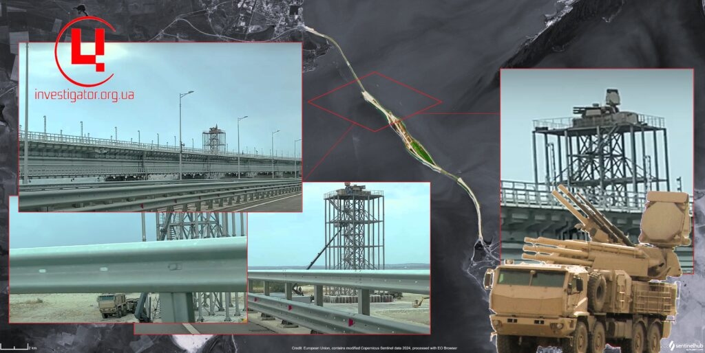 Hệ thống phòng không Pantsir-S1M được đặt trên tháp gần cầu Kerch (cầu Crimea). Ảnh: Investigator.org.ua