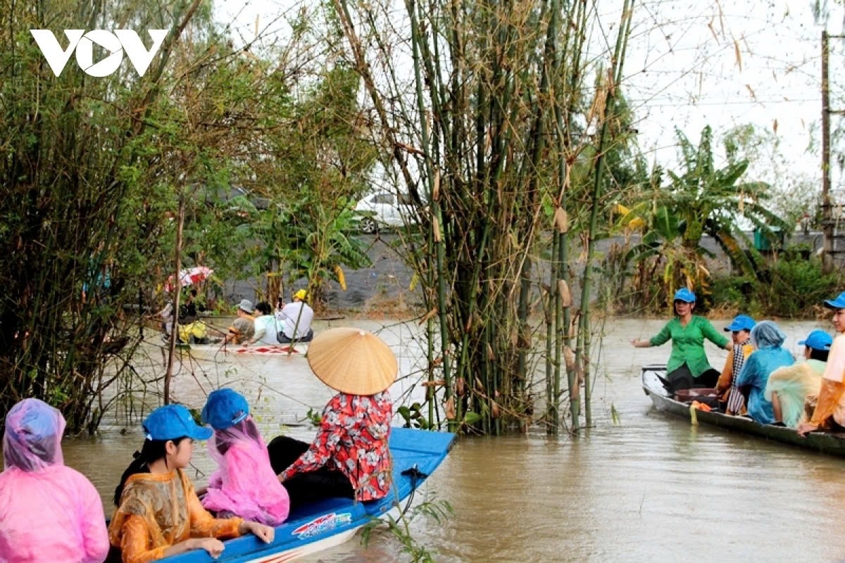 The flood season usually occurs from September to November when water from the Mekong River flows in, creating a mystical landscape with flooded fields and lush greenery.